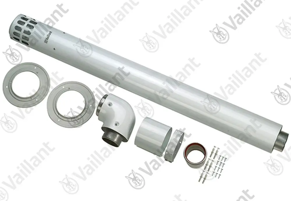Vaillant Anschlussset bestehend aus einem langen Rohr, zwei Flanschen, einem Bogen, einem kurzen Rohr und Montageschrauben für das Abgas- und Frischluftsystem.